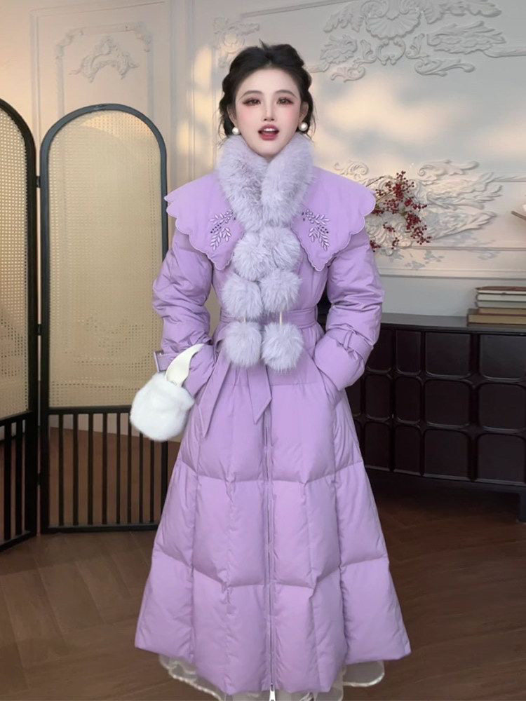 2026新款气质中长款过膝紫色羽绒服女高级感收腰显瘦冬季加厚外套