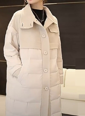 双面羊绒拼接鹅绒羽绒服女冬新款加厚白鸭绒中长立领呢子大衣外套