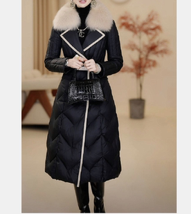 小香风羽绒服女2025冬季新款大毛领轻薄中长款白鸭绒过膝外套黑色