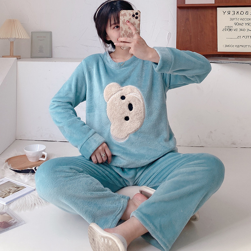 大码胖mm珊瑚绒睡衣女秋冬季清新可爱加厚保暖法兰绒居家两件套装