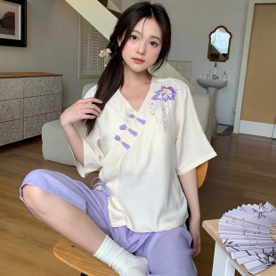 外穿加肥加大码 短袖 胖妹改良汉服古风国风睡衣女 家居服夏季 新中式