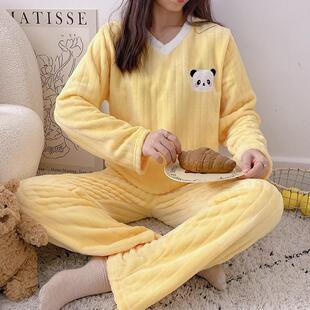 可爱外穿家居服套装 法兰绒韩版 睡衣女加厚珊瑚绒保暖加大码 秋冬季