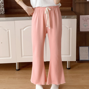 纯色睡裤女夏天休闲裤宽松提花棉质慵懒风春秋季喇叭裤家居裤长裤