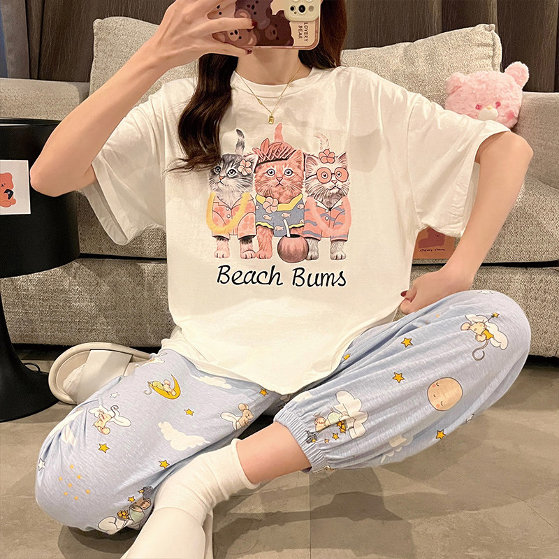 新款纯棉短袖学生睡衣女夏季薄款长款大码宽松韩版清新居家两件套