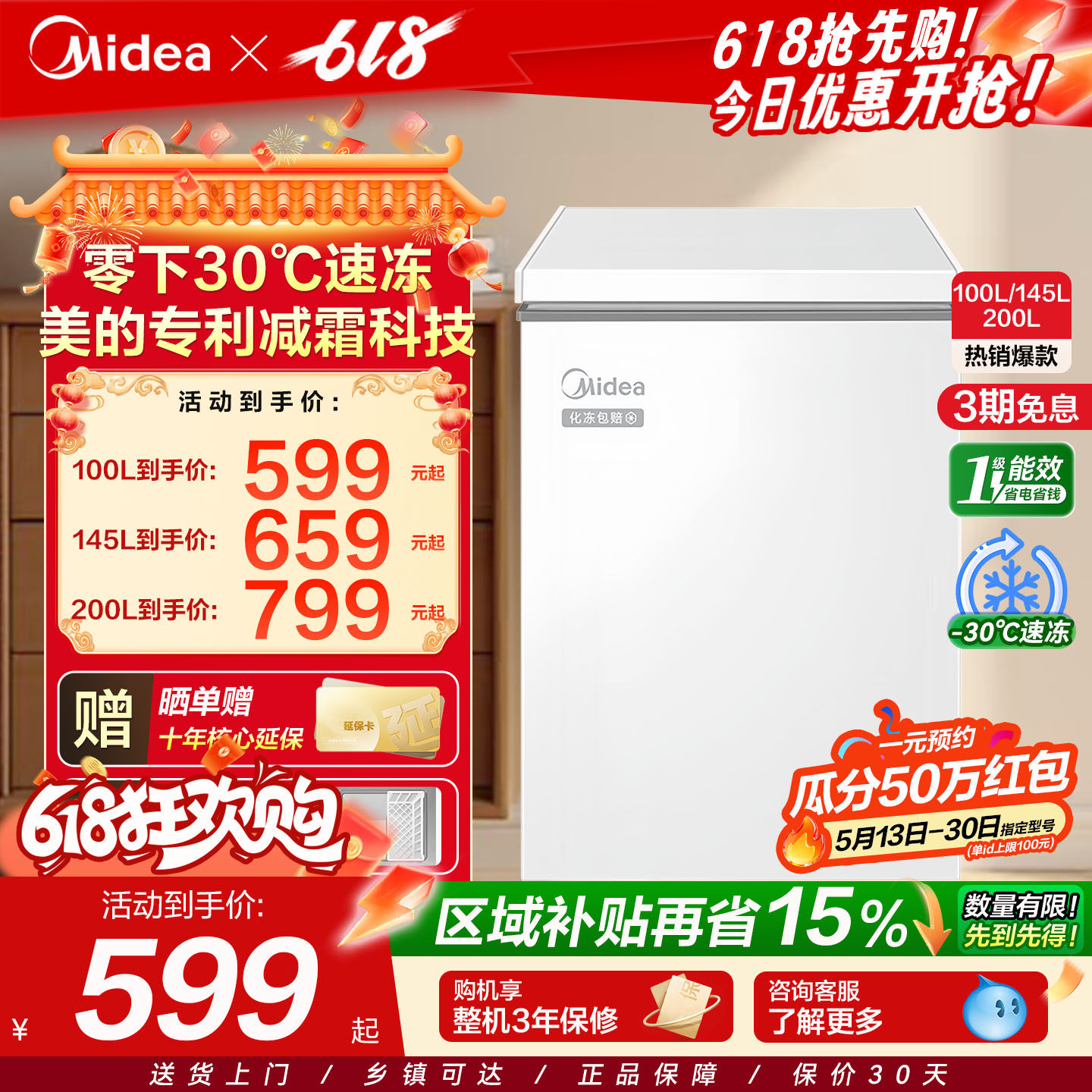 美的100/145/202升小冰柜卧式家用小型商用冷柜冷冻冷藏一级冰箱