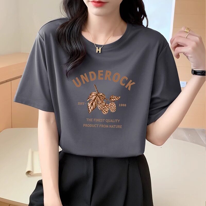 고급 텐셀 반팔 티셔츠 디자인 오른쪽 어깨 여름 신상 여장 루즈핏 날씬한 프린트 탑