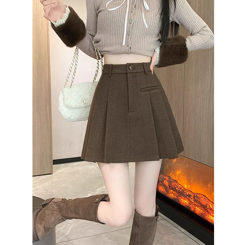 咖色加厚毛呢百褶半身裙女春秋2025新款a字半裙小个子高腰短裙子