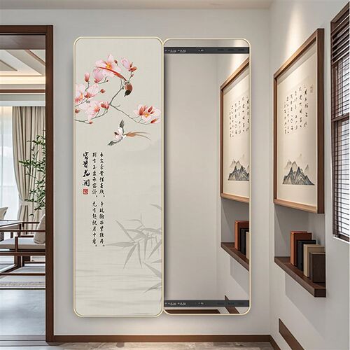 新中式隐藏式全身镜圆角隐形推拉穿衣镜暗藏可关闭装饰画试衣镜子