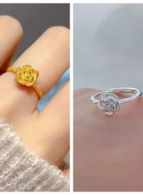 金店同款银色金色仿真玫瑰花开口戒指女轻奢小花朵指环送礼物饰品