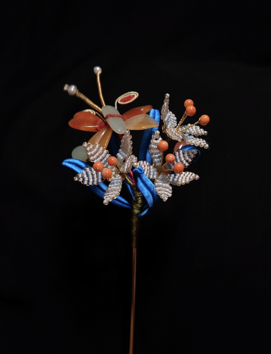 仿故宫水仙蝴蝶发簪  缠花辑珠发钗 和媚娘手作汉服配饰