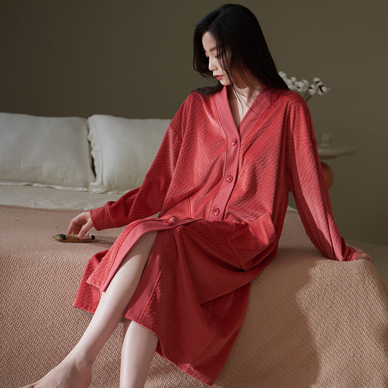 红色海岛绒睡裙女士秋冬季珊瑚绒睡衣保暖加厚大码家居服女裙子