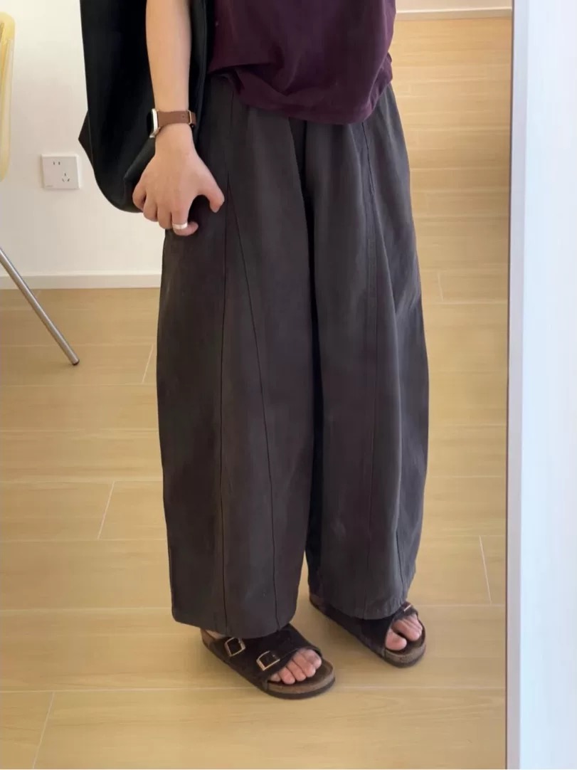 时髦复古纯棉拼接阔腿裤女垂感显瘦日系减龄高腰豌豆裤秋冬工装裤