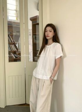 FANERER 26夏气质松弛垂感亚麻莱赛尔娃娃衫圆领短袖拼接宽边下摆