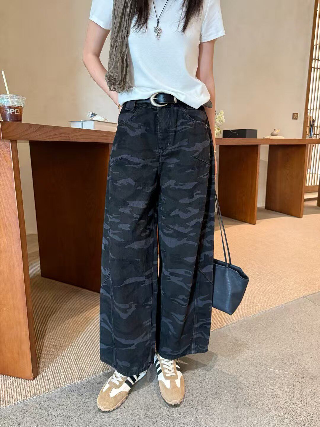美式迷彩窄版阔腿牛仔裤女2026秋季新款小个子宽松显瘦九分弯刀裤