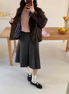 FANERER 2026春季新款美式复古翻领拉链皮衣外套酷飒风夹克外套女