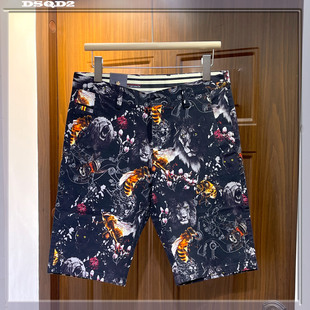 美式潮牌印花短裤男款夏季高级感宽松直筒五分裤时尚棉麻休闲中裤