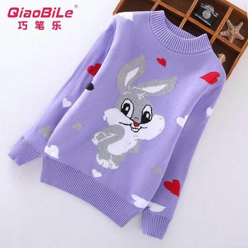 女童毛衣2025新款儿童纯棉卡通兔子中大童加绒加厚针织衫秋冬洋气