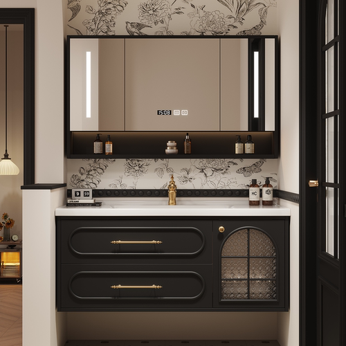 法式复古橡木浴室柜组合卫生间中古风一体陶瓷盆洗脸洗漱台卫浴柜