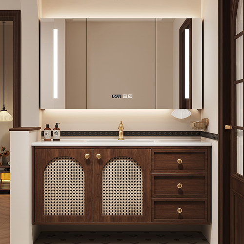 法式复古藤编橡木浴室柜组合中古风陶瓷一体盆洗漱台卫生间洗脸盆