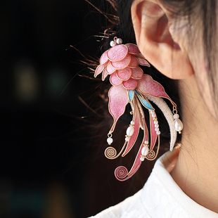 粉色锦鲤国风新中式发饰订婚头饰唯美掐丝仿绒花边夹古风汉服头饰