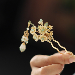 手工掐丝米色花朵小u簪古风铃兰日常点缀小簪花汉服头饰流苏发钗