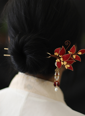 红色桂花流苏u型发簪发钗古风汉服头饰旗袍配饰新娘秀禾订婚发饰