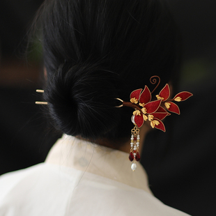 红色桂花流苏u型发簪发钗古风汉服头饰旗袍配饰新娘秀禾订婚发饰