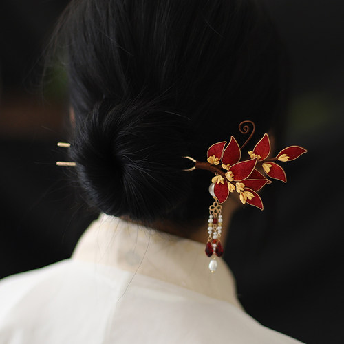 红色桂花流苏u型发簪发钗古风汉服头饰旗袍配饰新娘秀禾订婚发饰