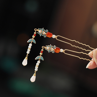 古风流苏烧蓝发簪旗袍马面裙配饰簪子复古清冷红色吊坠高级感发钗