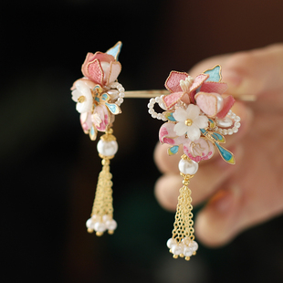 粉色水蜜桃古风盘发头饰发簪滴油流苏簪花汉服女童古典舞发饰明制