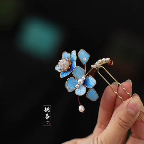 古风蓝色花朵发簪旗袍汉服头饰掐丝蝴蝶发饰发钗u型簪子配饰发饰