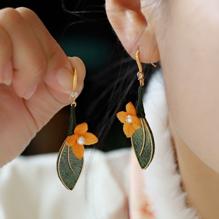 非遗掐丝仿绒花桂花耳环新中式黄色花朵秋冬高级感耳饰设计感小众