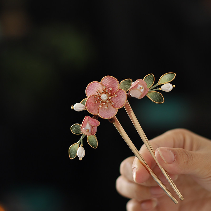 粉色发饰花朵古风U型发簪仿绒花汉服头饰日常盘发簪子新中式配饰图片