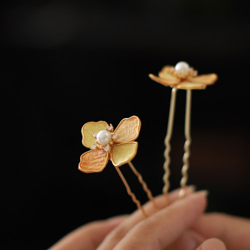 手工掐丝新中式配饰国风发簪古风发饰小u簪日常点缀黄色汉服头饰