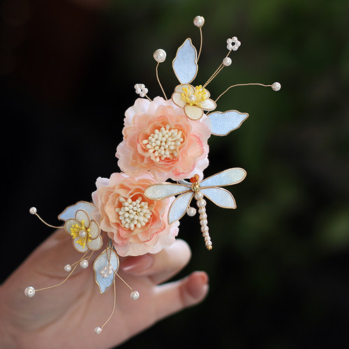 牡丹花森系古风发夹汉服头饰仙美唐风手工花朵蜻蜓发夹超仙发饰女