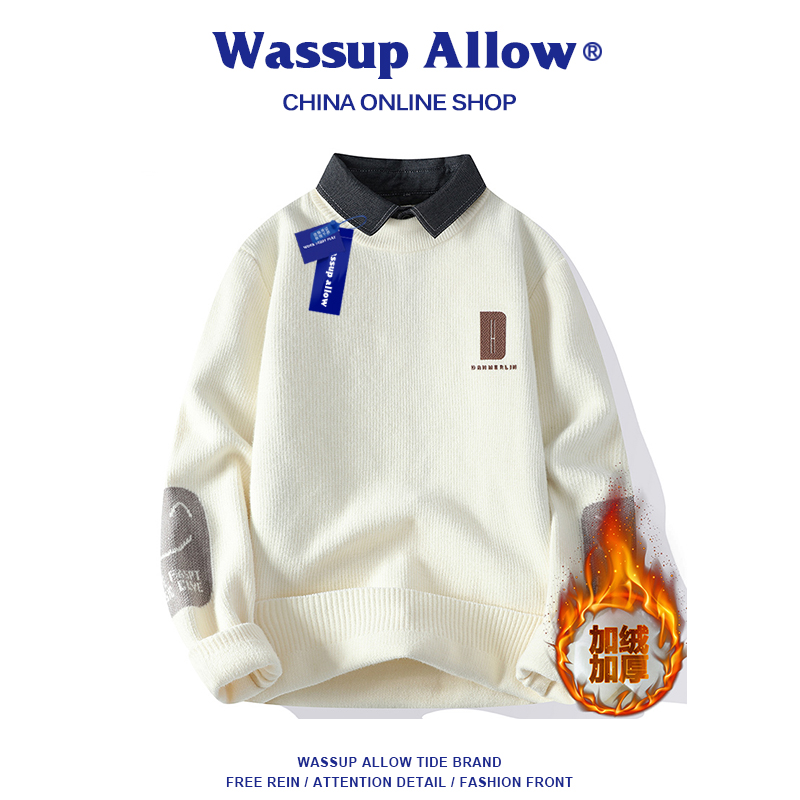 WASSUP ALLOW衬衫领针织衫上衣潮男秋冬款保暖加绒加厚假两件毛衣