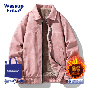 WASSUP ERIKA日系粉色加绒皮衣男冬季保暖翻领皮夹克街头机车外套