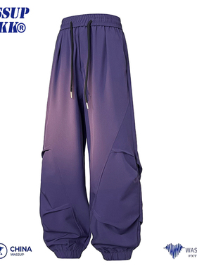 WASSUP BIKK冲锋工装裤男春秋宽松长裤子阔腿运动休闲紫色多巴胺