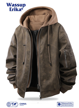 WASSUP ERIKA潮牌美式高街假两件连帽pu皮外套男春季复古痞帅夹克