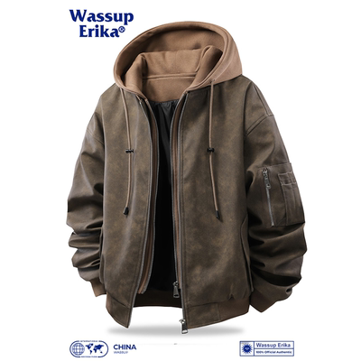 WASSUP ERIKA潮牌美式高街假两件连帽pu皮外套男春季复古痞帅夹克