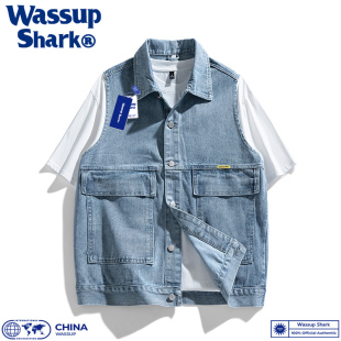 坎肩休闲百搭翻领上衣 牛仔马甲男春秋夏复古工装 Shark美式 Wassup