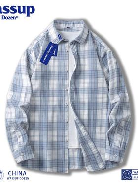 WASSUP DOZEN蓝色格子衬衫长袖男春季休闲宽松翻领衬衣薄纯棉外套