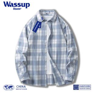 WASSUP DOZEN蓝色格子衬衫长袖男春季休闲宽松翻领衬衣薄纯棉外套