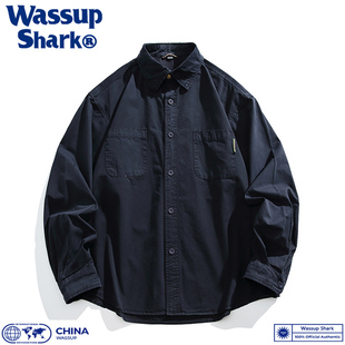 Shark秋季 衬衫 新款 长袖 男女情侣纯棉宽松衬衣外套 纯色工装 Wassup