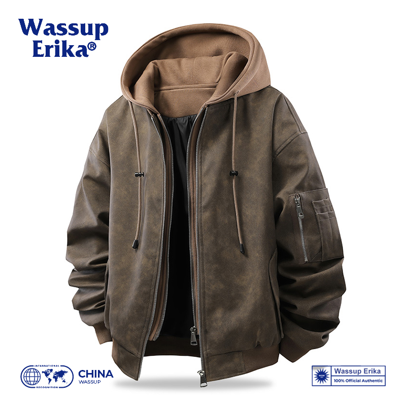 WASSUP ERIKA潮牌美式高街假两件连帽pu皮外套男春季复古痞帅夹克