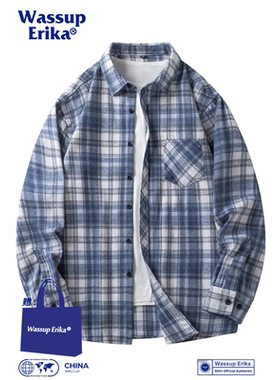 WASSUP ERIKA日系蓝色格子衬衫男士春秋复古翻领衬衣宽松休闲外套