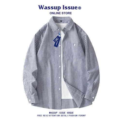 WASSUP ISSUE休闲百搭衬衫男春秋季日系条纹衬衣时尚潮牌外套男款