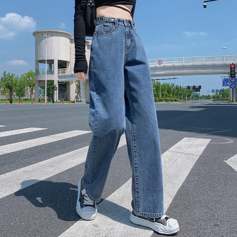 宽松阔腿高腰显瘦牛仔裤女2021夏秋新款韩版直筒调节腰围拖地裤潮在类目 女装/女士精品, 牛仔裤中 - 来自Buy2taobao.com提供专业的淘宝代购服务