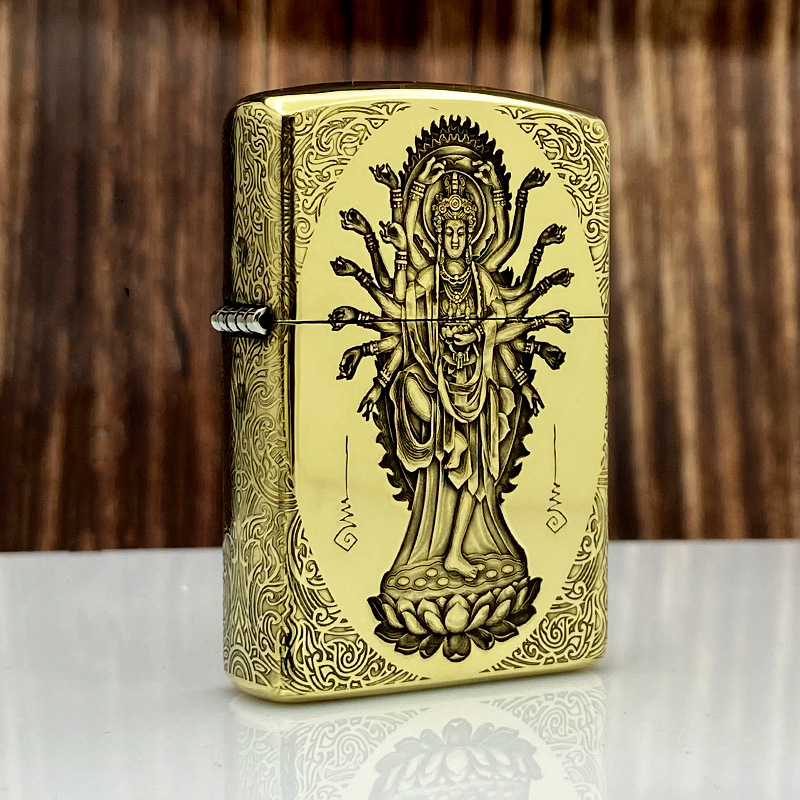 包邮ZORRO佐罗个性创意黄铜3D浮雕千手观音砂轮防风煤油打火机