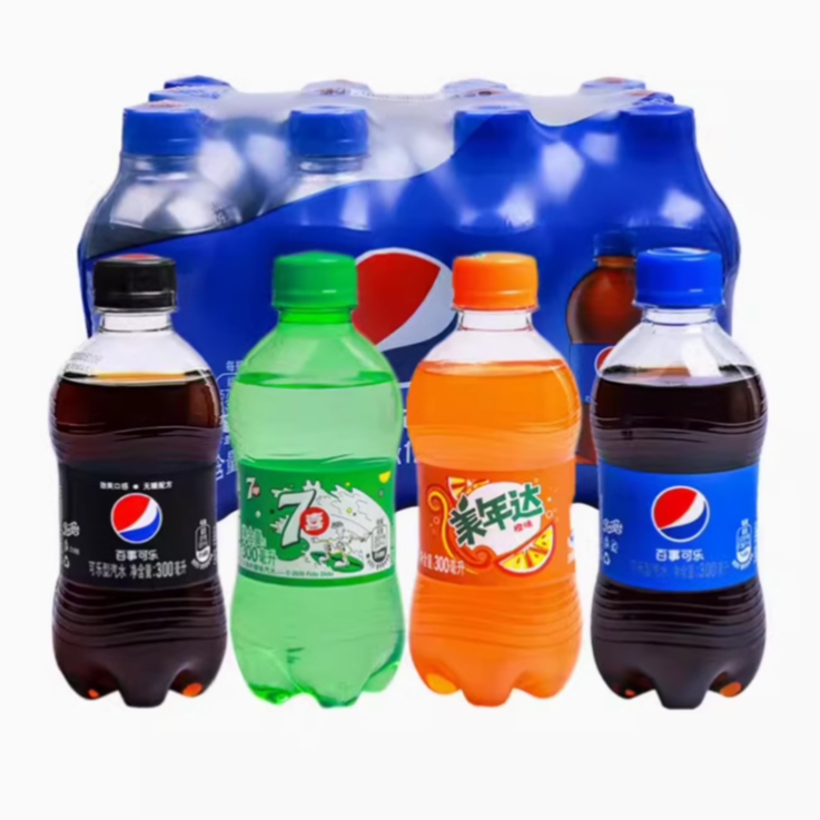 百事可乐含糖无糖美年达七喜300ML*6瓶碳酸饮料清爽解渴瓶装